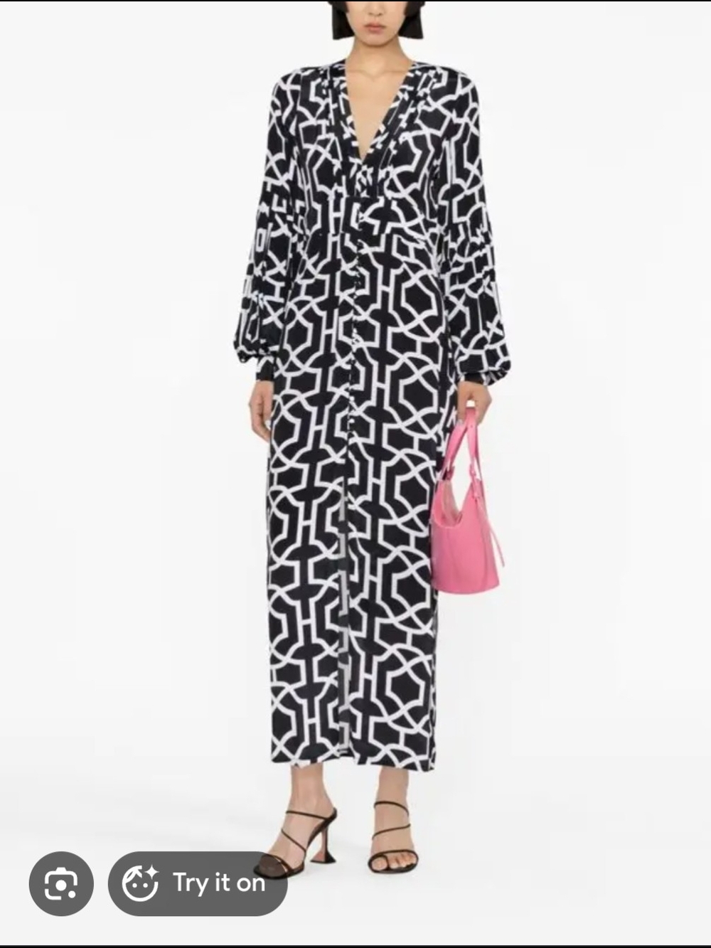 Alexandra Miro Black & White Geometric V-Neck Maxi Dress, Small